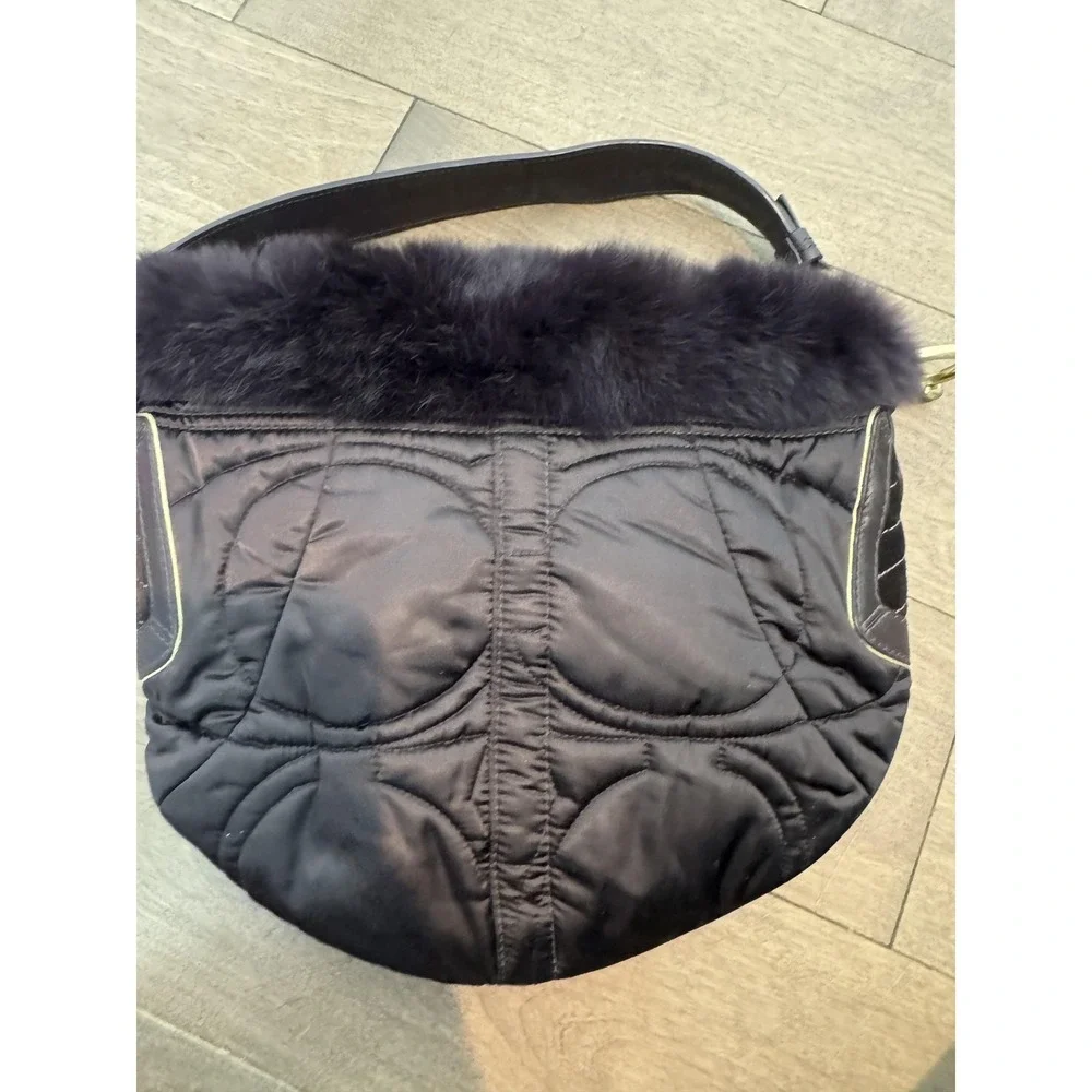 Coach Hobo Bag Womens Medium Brown Quilted Nylon Fur Trim Suede Leather Shoulder